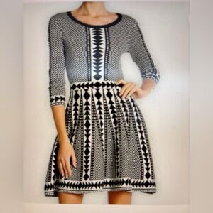 Nina Leonard Dress Women Large Black White Geometric Fit Flare Knit Retro Office